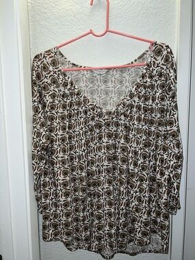 Lucky Brand Brown and Cream Floral V-Neck Tunic